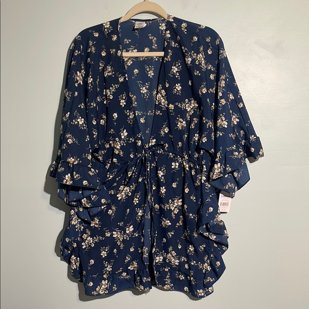 Time & Tru Navy Floral Print Kimono Wrap Ruffle Edge Women’s Size Small/Medium